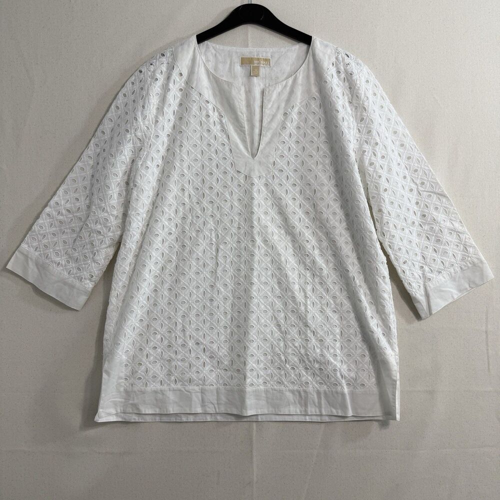 MICHAEL KORS White Cotton Eyelet Top 3/4 Sleeve Blouse Size 12 Tunic Women